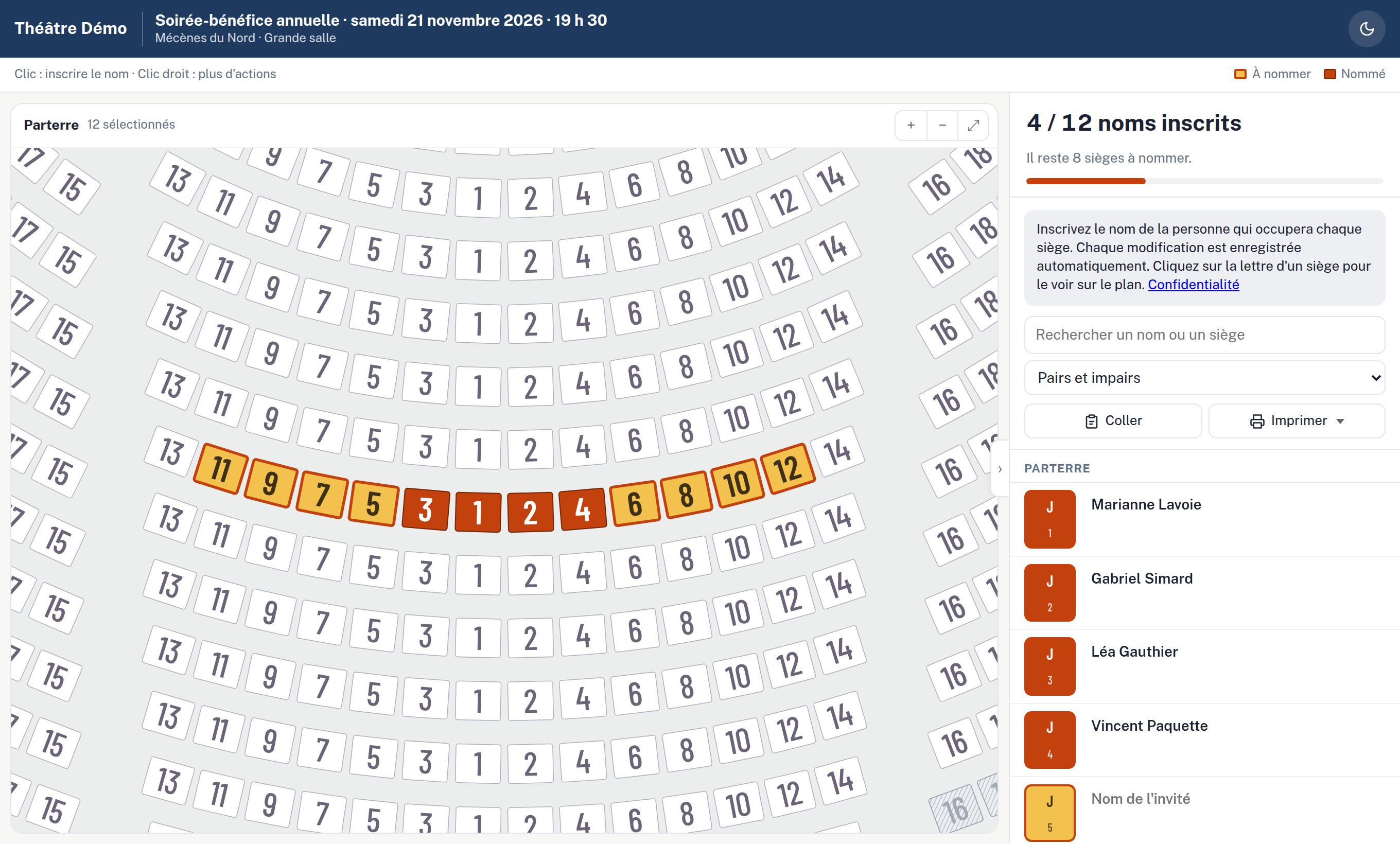 A partner's link: only their seats, in their colour, and their guest list to fill in