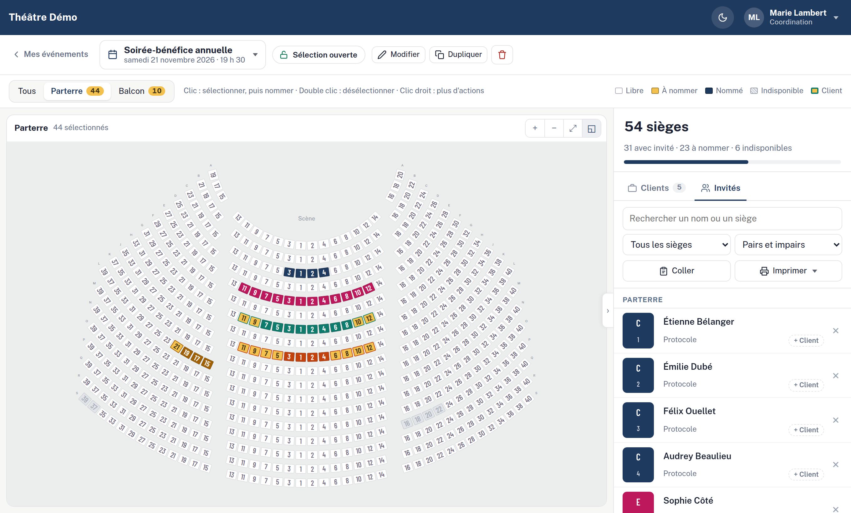 A venue map in Lockseat: partner seats in colour, guest list on the right